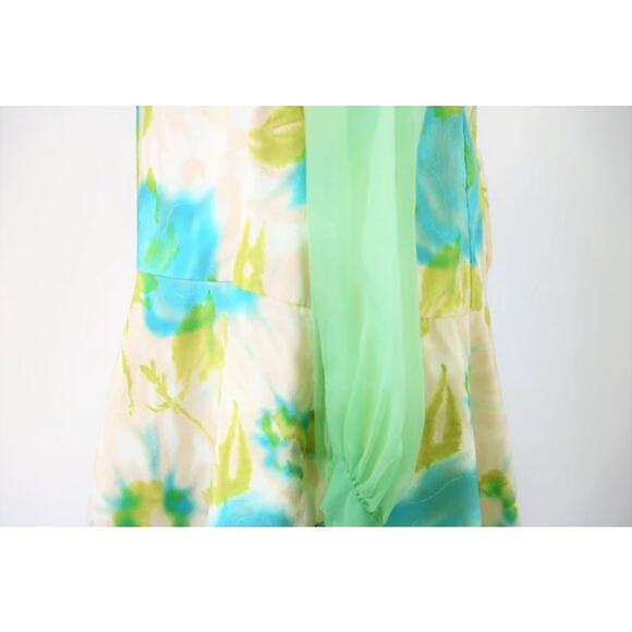 Vintage 1960s Pastel Floral Printed Drop Waist Dress With Chiffon Sleeves Large - Picture 4 of 7